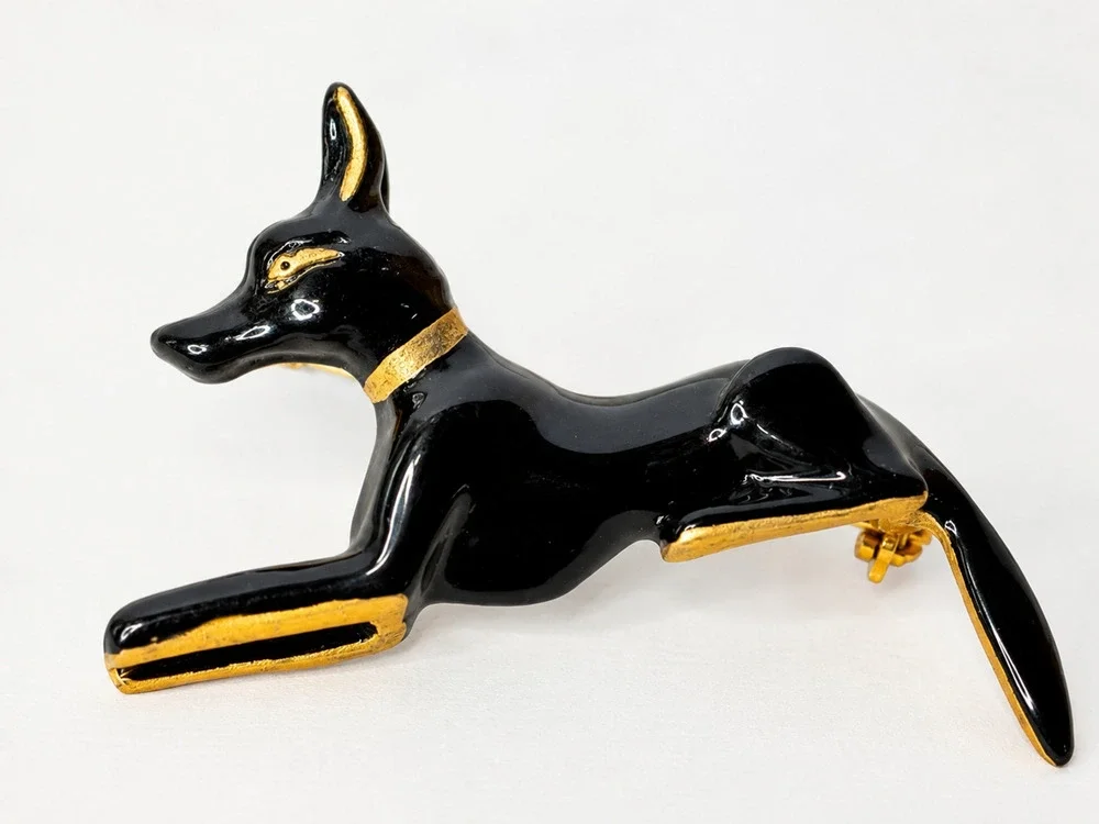 Anubis Egyptian Dog God Jackal Figural Brooch Pin Couchant Pose Black Gold